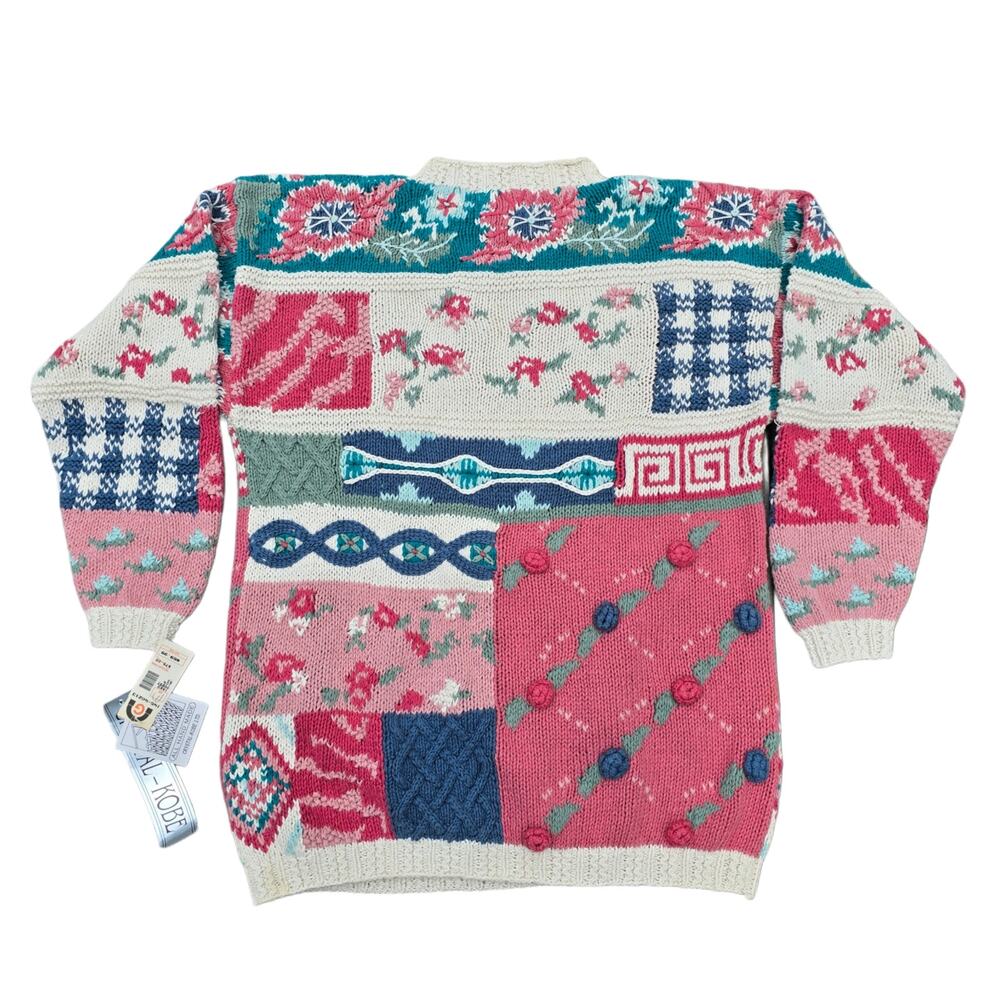 Crystal Kobe Patchwork Sweater Size Petite Med Pink Blue Beige Floral Vintage PM - Picture 8 of 9